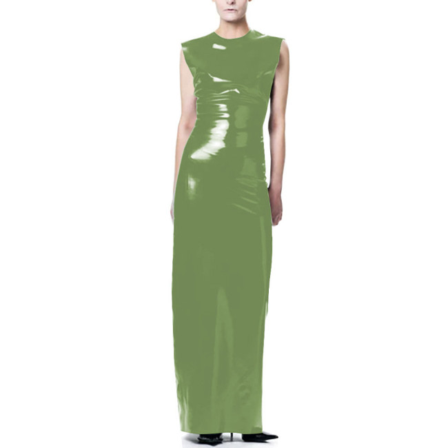 Elegant O-Neck Wetlook Long Dress Vinyl Sleeveless PVC Leather Straight Dress for Womens Office Ladies Evening Party Vestidos