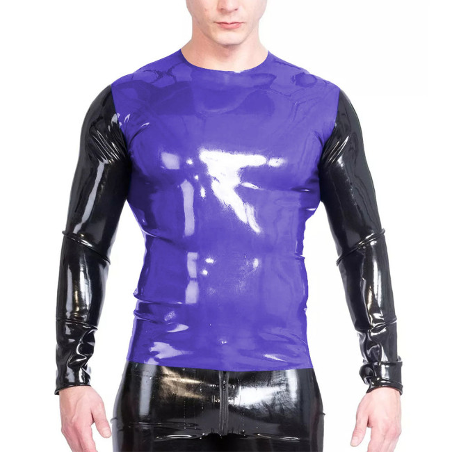 Fashion Faux Latex T Shirt Men Gothic Patchwork Long Sleeve Slim Fit O-neck T-Shirts Tops Outdoor Mens Oversize Tees Daily Wear