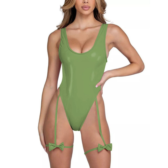Party Vinyl PVC Leather Bodysuit for Womens Exotic Sleeveless Sexy U-neck Romper Club Cosplay Lingerie Female Zipper Back Zentai