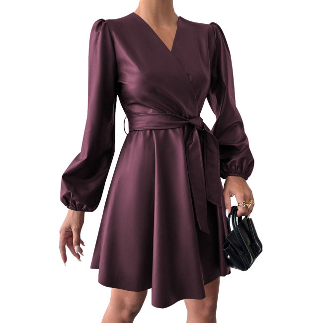 Fashion Puff Long Sleeve V-neck Dress Vintage Women Casual PU Leather Dress with Belt Matte Cocktail Gown Party Vestidos Female