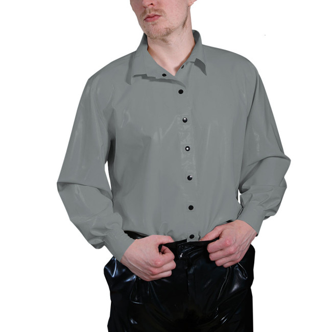 Long Sleeve T Shirt Men Turn-down Collar PVC Button Shirts Faux Latex Men Clothing Casual Slim Fit Plus Size Tops Streetwear