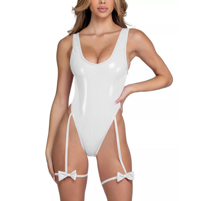 Party Vinyl PVC Leather Bodysuit for Womens Exotic Sleeveless Sexy U-neck Romper Club Cosplay Lingerie Female Zipper Back Zentai