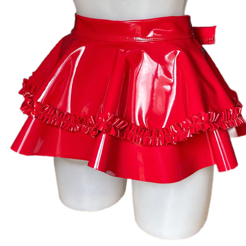 Wet Look PVC Leather Briefs + Skirts Sexy Nightclub Two-piece Lingerie Set with Ruffle Cosplay Outfits Frill Buckle Miniskirt