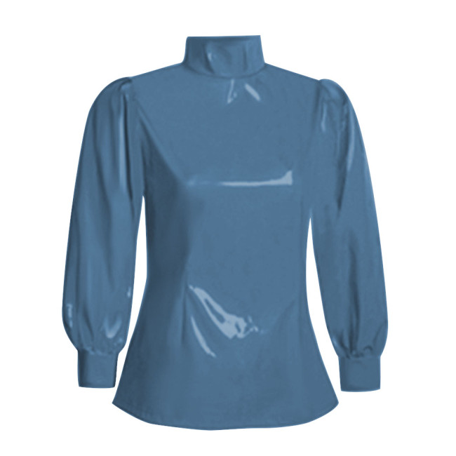 Office Ladies Tops Slim Fit Long Sleeve Faux Latex Women Blouse Turtleneck PVC Leather Bodycon Solid Color Blouse Tops Casual