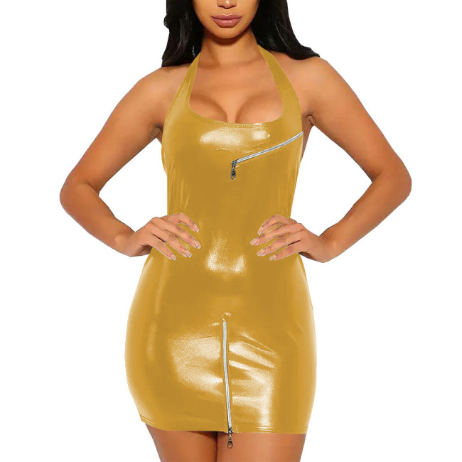 Summer Sexy Girl Mini Dress for Women Zipper Design Halter Bodycon Dress Vestidos Slim Fit Revelry Party Sleeveless Dress Sissy