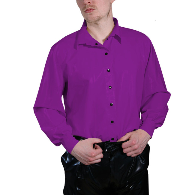Long Sleeve T Shirt Men Turn-down Collar PVC Button Shirts Faux Latex Men Clothing Casual Slim Fit Plus Size Tops Streetwear