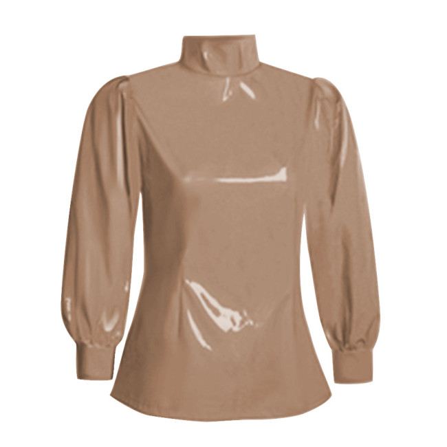 Office Ladies Tops Slim Fit Long Sleeve Faux Latex Women Blouse Turtleneck PVC Leather Bodycon Solid Color Blouse Tops Casual