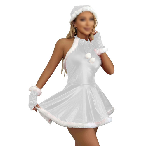 Women's Christmas Dress Set Shiny Metallic A-line Mini Dress with Santa Hat and Gloves for Halloween Party Xmas Cosplay Outfits