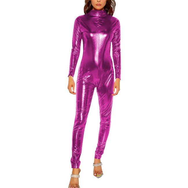 Shiny Metallic Women Turtleneck Bodycon Long Sleeve Sexy Body Suit High Street Solid Color Jumpsuits Nightclub Zentai Fetish