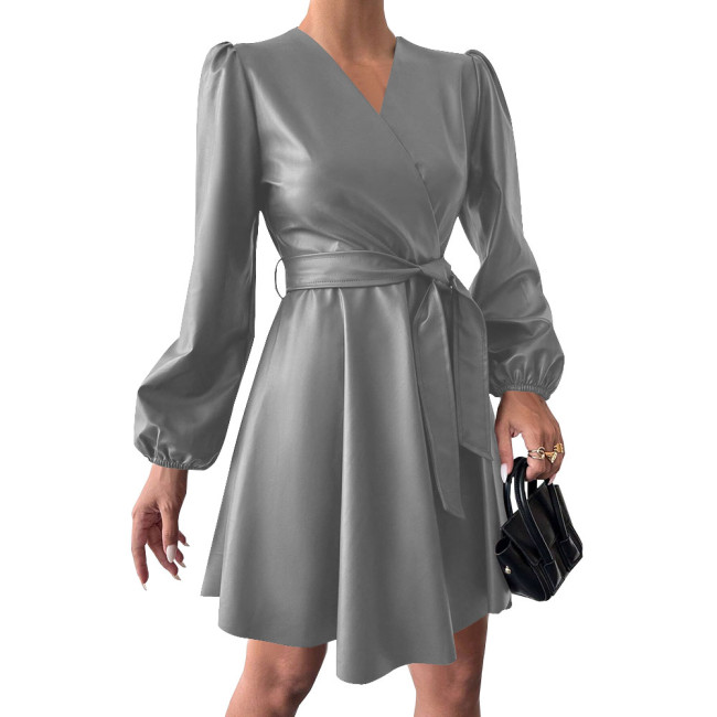 Fashion Puff Long Sleeve V-neck Dress Vintage Women Casual PU Leather Dress with Belt Matte Cocktail Gown Party Vestidos Female