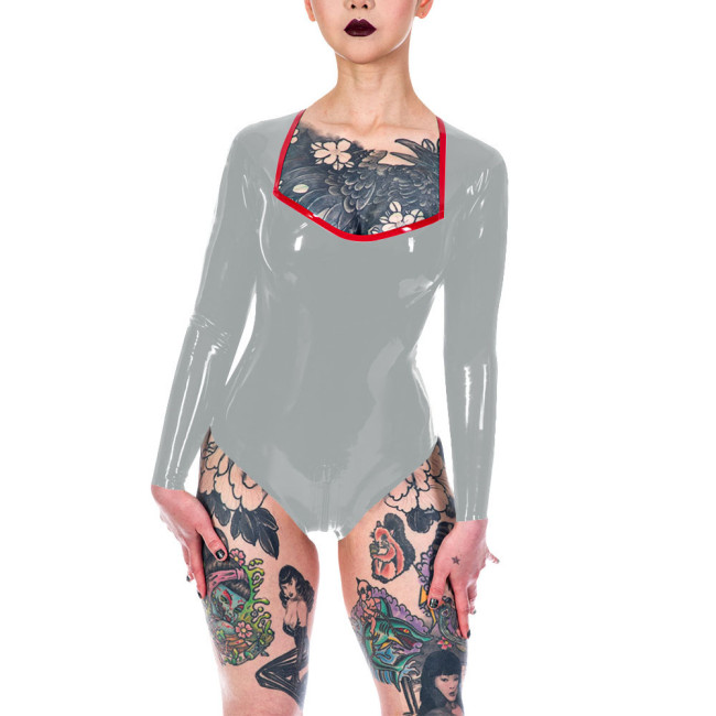 Plunging Neckline High Cut Faux Latex Bodysuit Women Long Sleeve Sexy Bodysuit Lingerie One Piece Open Crotch Teddies Clubwear
