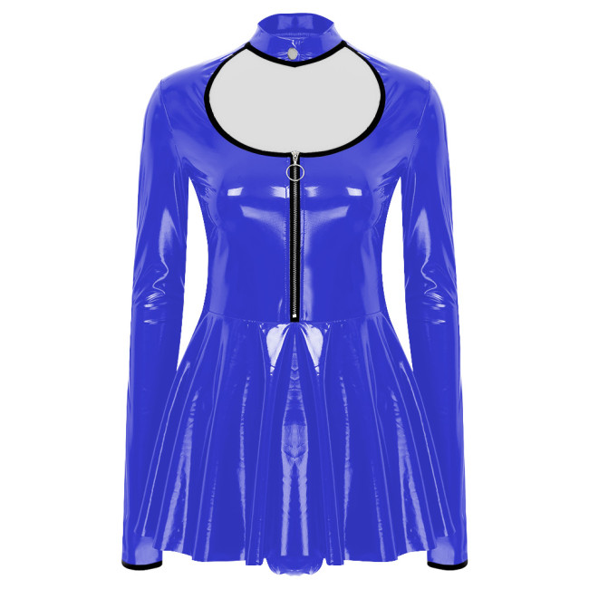 Sissy Party PVC Shiny Babydoll Bodysuit Wetlook Long Sleeved A-line Skirted Leotard Sexy Hollow Glossy PU Leather Catsuit Female