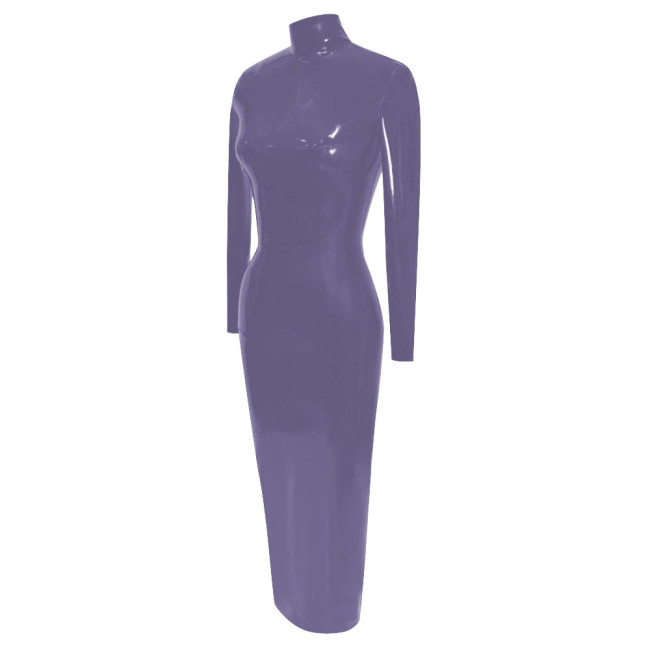 Elegance Long Sleeve Tight Solid Faux Latex Sissy Dress Women Turtleneck PVC Bodycon Maxi Dress Clubwear Wet Sexy Hobble Dress