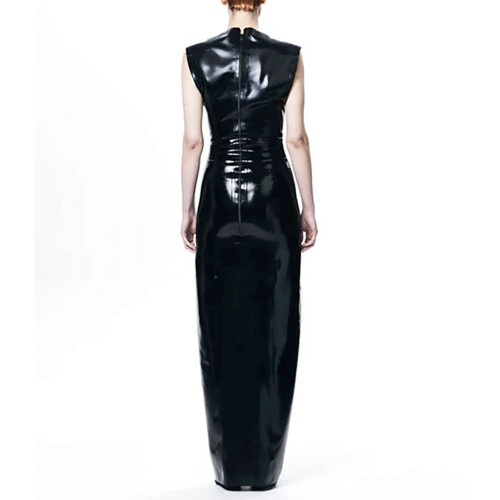 Elegant O-Neck Wetlook Long Dress Vinyl Sleeveless PVC Leather Straight Dress for Womens Office Ladies Evening Party Vestidos