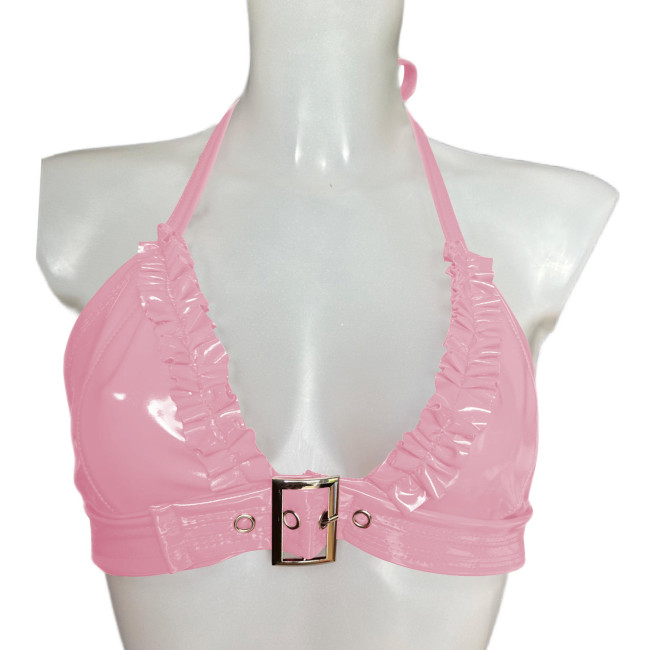 Womens Halter Ruffles PVC Shiny Bra Tops Sexy Buckle Lingerie Nightclub Party Costume Sissy Rave Party Underwear Nightwear 7XL