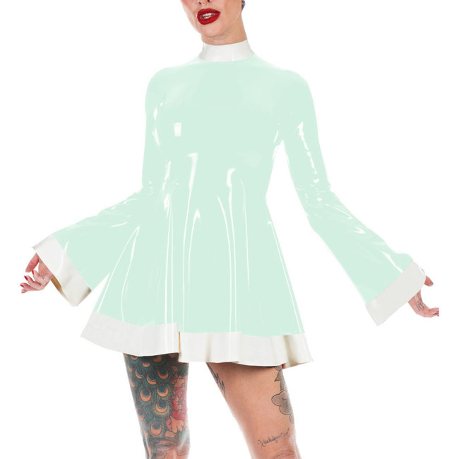 Mock Neck Flare Sleeve A-line PVC Leather Dress Women Slim Patchwork Mini Dress Elegance Short Dress Casual Solid Color Vestido