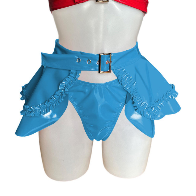 Wet Look PVC Leather Briefs + Skirts Sexy Nightclub Two-piece Lingerie Set with Ruffle Cosplay Outfits Frill Buckle Miniskirt