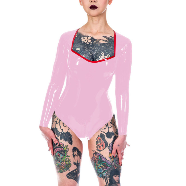 Plunging Neckline High Cut Faux Latex Bodysuit Women Long Sleeve Sexy Bodysuit Lingerie One Piece Open Crotch Teddies Clubwear