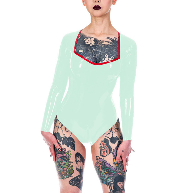 Plunging Neckline High Cut Faux Latex Bodysuit Women Long Sleeve Sexy Bodysuit Lingerie One Piece Open Crotch Teddies Clubwear