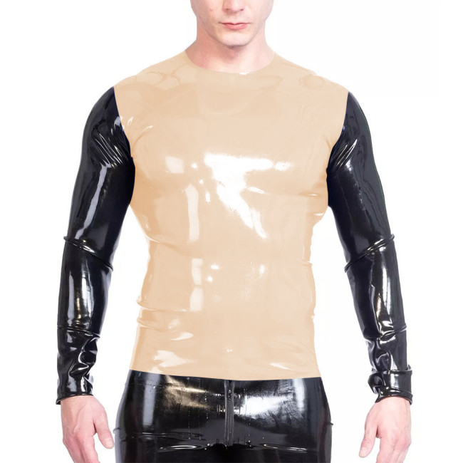 Fashion Faux Latex T Shirt Men Gothic Patchwork Long Sleeve Slim Fit O-neck T-Shirts Tops Outdoor Mens Oversize Tees Daily Wear