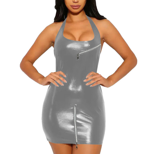 Summer Sexy Girl Mini Dress for Women Zipper Design Halter Bodycon Dress Vestidos Slim Fit Revelry Party Sleeveless Dress Sissy