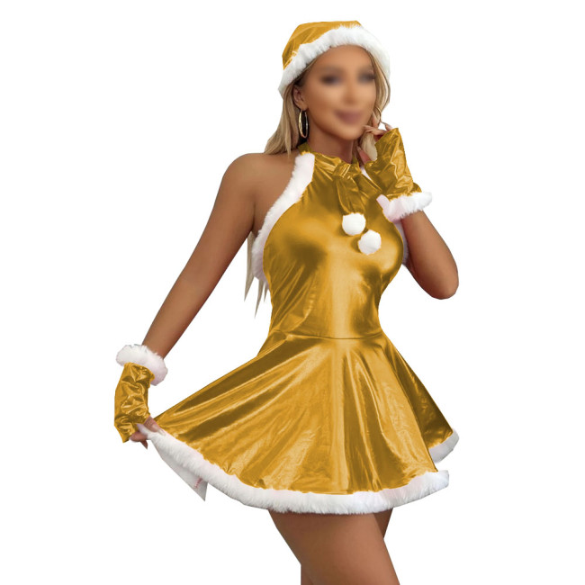 Women's Christmas Dress Set Shiny Metallic A-line Mini Dress with Santa Hat and Gloves for Halloween Party Xmas Cosplay Outfits