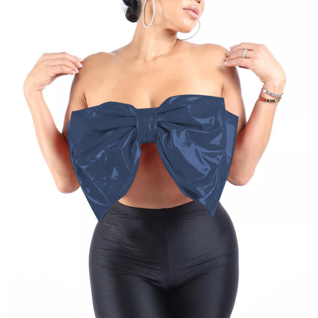 Fashion Sexy Large Bow Strapless Croped Tops Wetlook PVC Sleeveless Tube Wrap Bustier Hotties Glossy Faux Leather Camisole Top