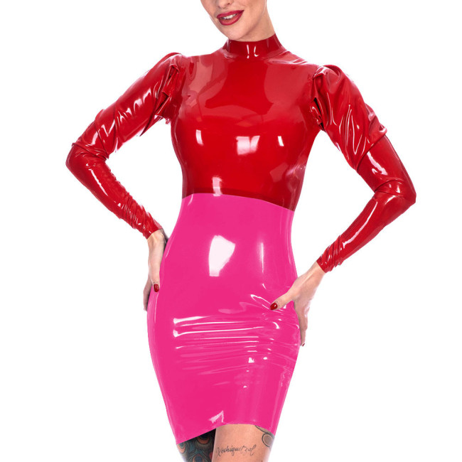 Fetish Womens Bodycon Mini Dress Patchwork Long Sleeve Skinny Party Dress Wetlook PVC Leather Clubwear Back Zipper Tight Vestido