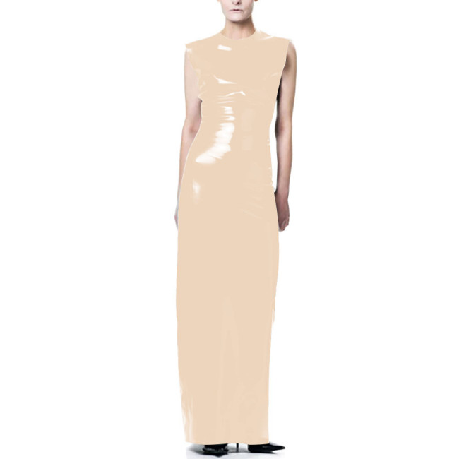 Elegant O-Neck Wetlook Long Dress Vinyl Sleeveless PVC Leather Straight Dress for Womens Office Ladies Evening Party Vestidos
