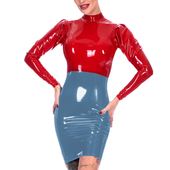 Fetish Womens Bodycon Mini Dress Patchwork Long Sleeve Skinny Party Dress Wetlook PVC Leather Clubwear Back Zipper Tight Vestido