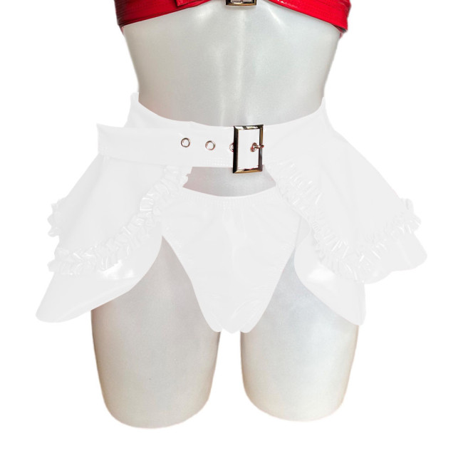 Wet Look PVC Leather Briefs + Skirts Sexy Nightclub Two-piece Lingerie Set with Ruffle Cosplay Outfits Frill Buckle Miniskirt