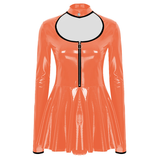 Sissy Party PVC Shiny Babydoll Bodysuit Wetlook Long Sleeved A-line Skirted Leotard Sexy Hollow Glossy PU Leather Catsuit Female