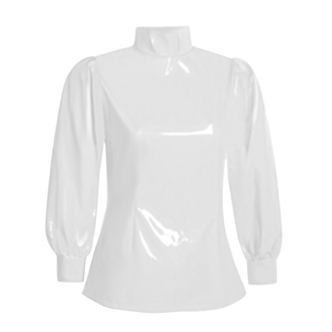 Office Ladies Tops Slim Fit Long Sleeve Faux Latex Women Blouse Turtleneck PVC Leather Bodycon Solid Color Blouse Tops Casual
