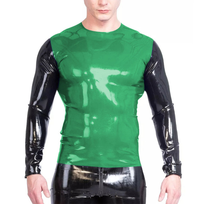 Fashion Faux Latex T Shirt Men Gothic Patchwork Long Sleeve Slim Fit O-neck T-Shirts Tops Outdoor Mens Oversize Tees Daily Wear