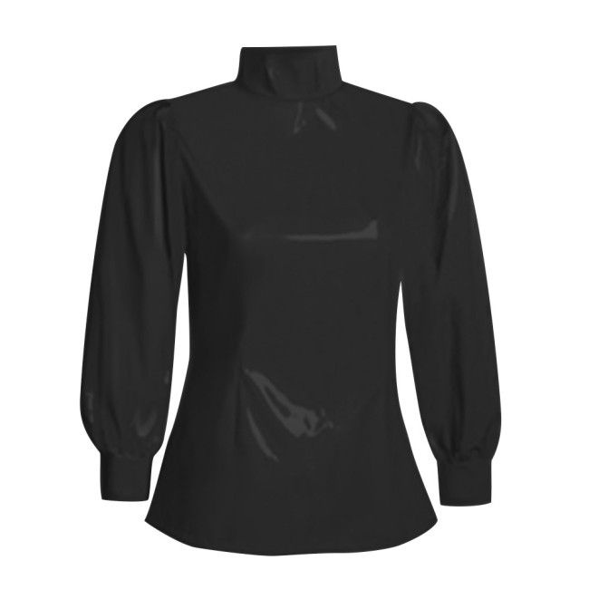 Office Ladies Tops Slim Fit Long Sleeve Faux Latex Women Blouse Turtleneck PVC Leather Bodycon Solid Color Blouse Tops Casual