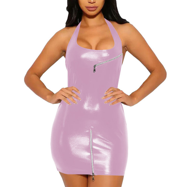 Summer Sexy Girl Mini Dress for Women Zipper Design Halter Bodycon Dress Vestidos Slim Fit Revelry Party Sleeveless Dress Sissy