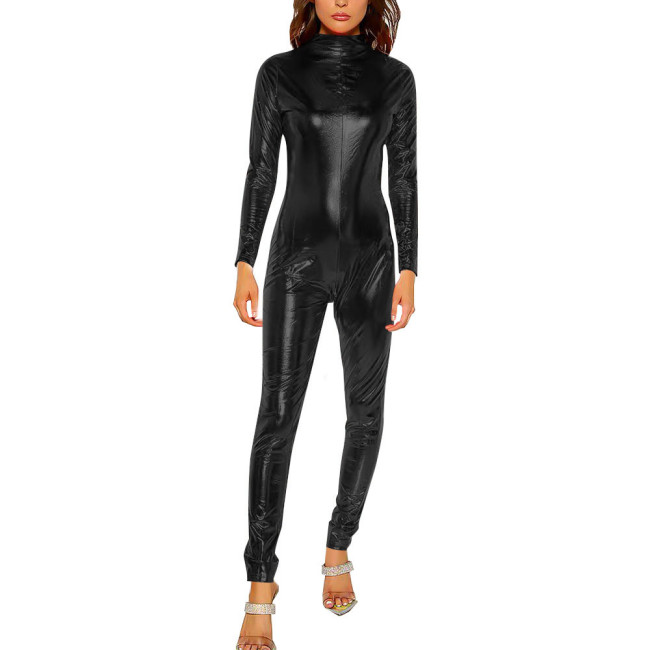 Shiny Metallic Women Turtleneck Bodycon Long Sleeve Sexy Body Suit High Street Solid Color Jumpsuits Nightclub Zentai Fetish