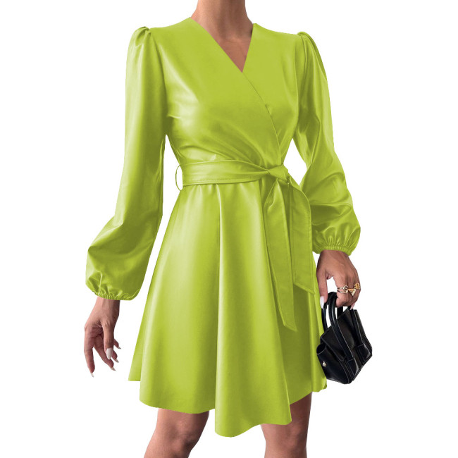 Fashion Puff Long Sleeve V-neck Dress Vintage Women Casual PU Leather Dress with Belt Matte Cocktail Gown Party Vestidos Female
