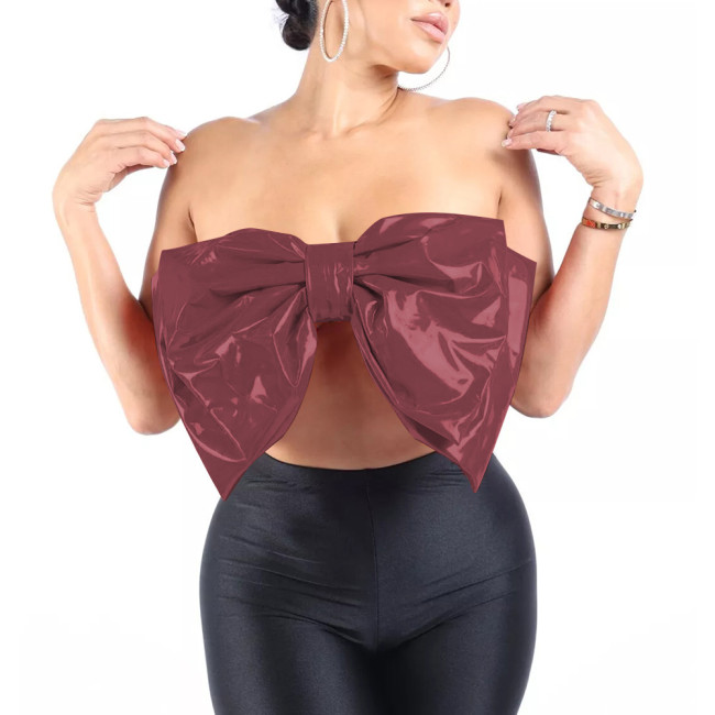 Fashion Sexy Large Bow Strapless Croped Tops Wetlook PVC Sleeveless Tube Wrap Bustier Hotties Glossy Faux Leather Camisole Top