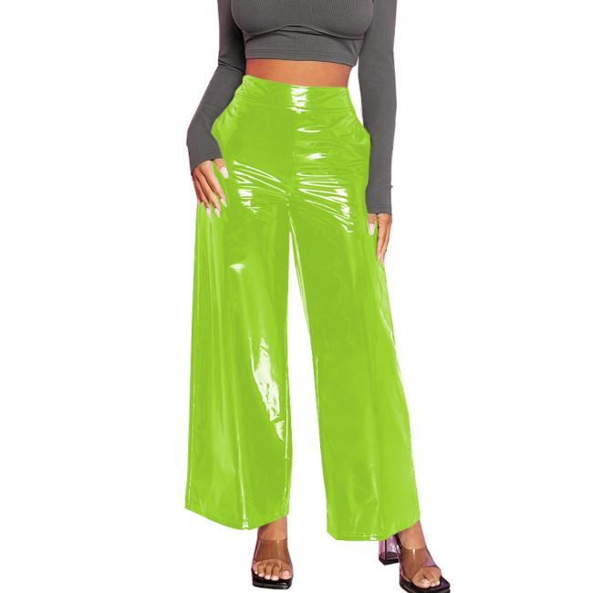 Office Lady Baggy Pants Casual Wetlook PVC Leather Women Clothing High Waist Solid Black Pants Gothic Streetwear Women Pants