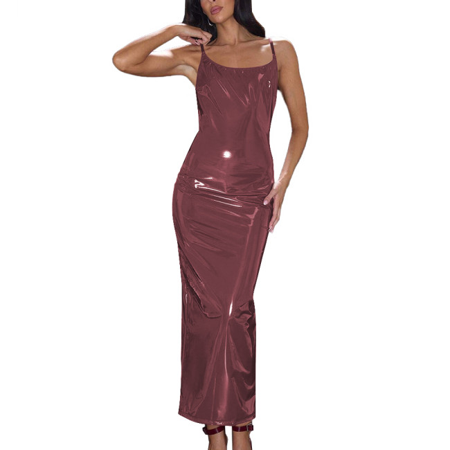 Summer Wetlook Long Dress Glossy Sexy Spaghetti Strap Back Slit Dresses Shiny PVC Party Club Women Dress Elegant Gowns Vestidos