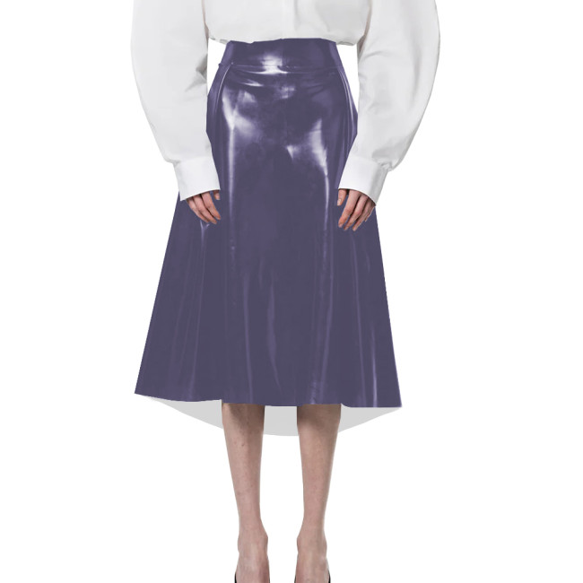 Casual Dating Midi Skirt for Womens Elegant A-line Solid Color PVC Shiny Skirts Wetlook PU Leather High-Waisted Office Skirts