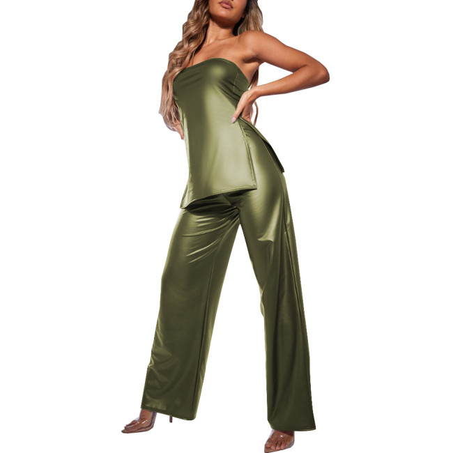 Summer Two Piece Set Women Sexy Club Tube Top Slim Fit Matte High Waist PU Leather Pants Chic Office Lady Pant Sets Streetwear