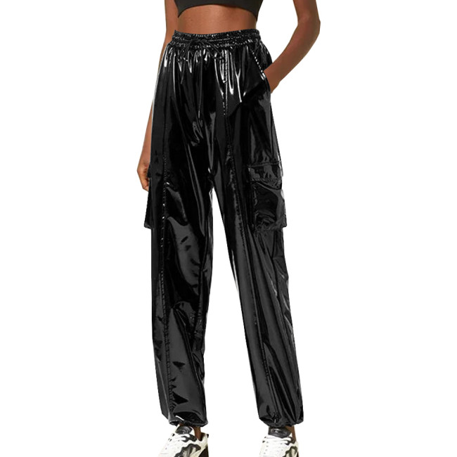 Exotic Loose Harem Pants Women Wetlook Pvc Lingerie Elastic Waist Hip Hop Long Pants Fetish Gay Mens Fetish Wear Solid Bottoms