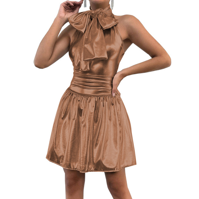 Elegant Halter Sleeveless Ruffled A-line Mini Dress Shiny Metallic Backless Solid Stretch Casual Office Lady Dress Daily Wear