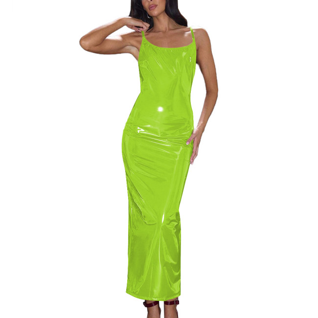 Summer Wetlook Long Dress Glossy Sexy Spaghetti Strap Back Slit Dresses Shiny PVC Party Club Women Dress Elegant Gowns Vestidos