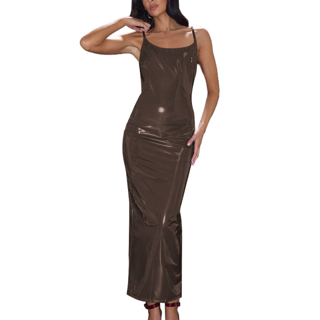 Summer Wetlook Long Dress Glossy Sexy Spaghetti Strap Back Slit Dresses Shiny PVC Party Club Women Dress Elegant Gowns Vestidos