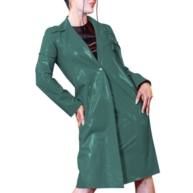 Women New Fashion Slim PVC Shiny Long Sleeve Trench Coats Female Turn-down Collar Solid Color Faux Latex Midi Outwear Casual