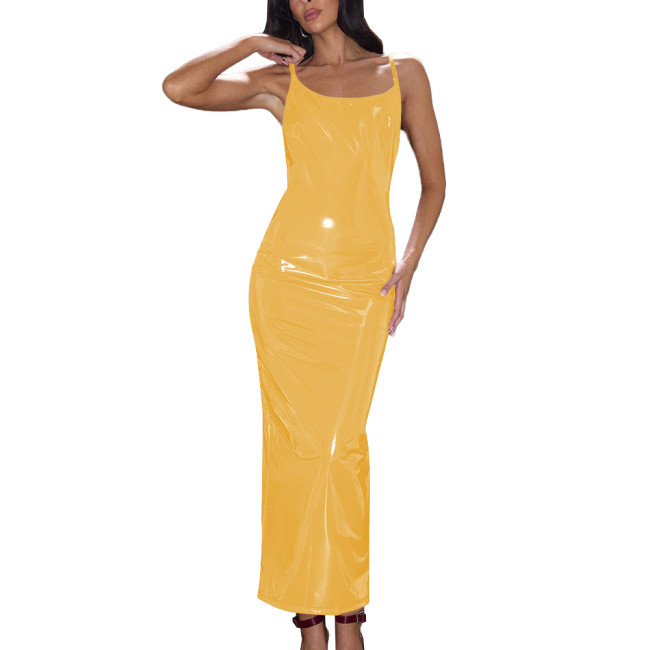 Summer Wetlook Long Dress Glossy Sexy Spaghetti Strap Back Slit Dresses Shiny PVC Party Club Women Dress Elegant Gowns Vestidos