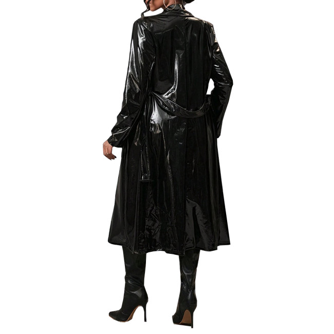 Shiny PVC Leather Belted Trench Coat Winter Clothes Wetlook Women Lapel Long Sleeve Slim Fit Faux Latex Long Coat Sissy Clubwear